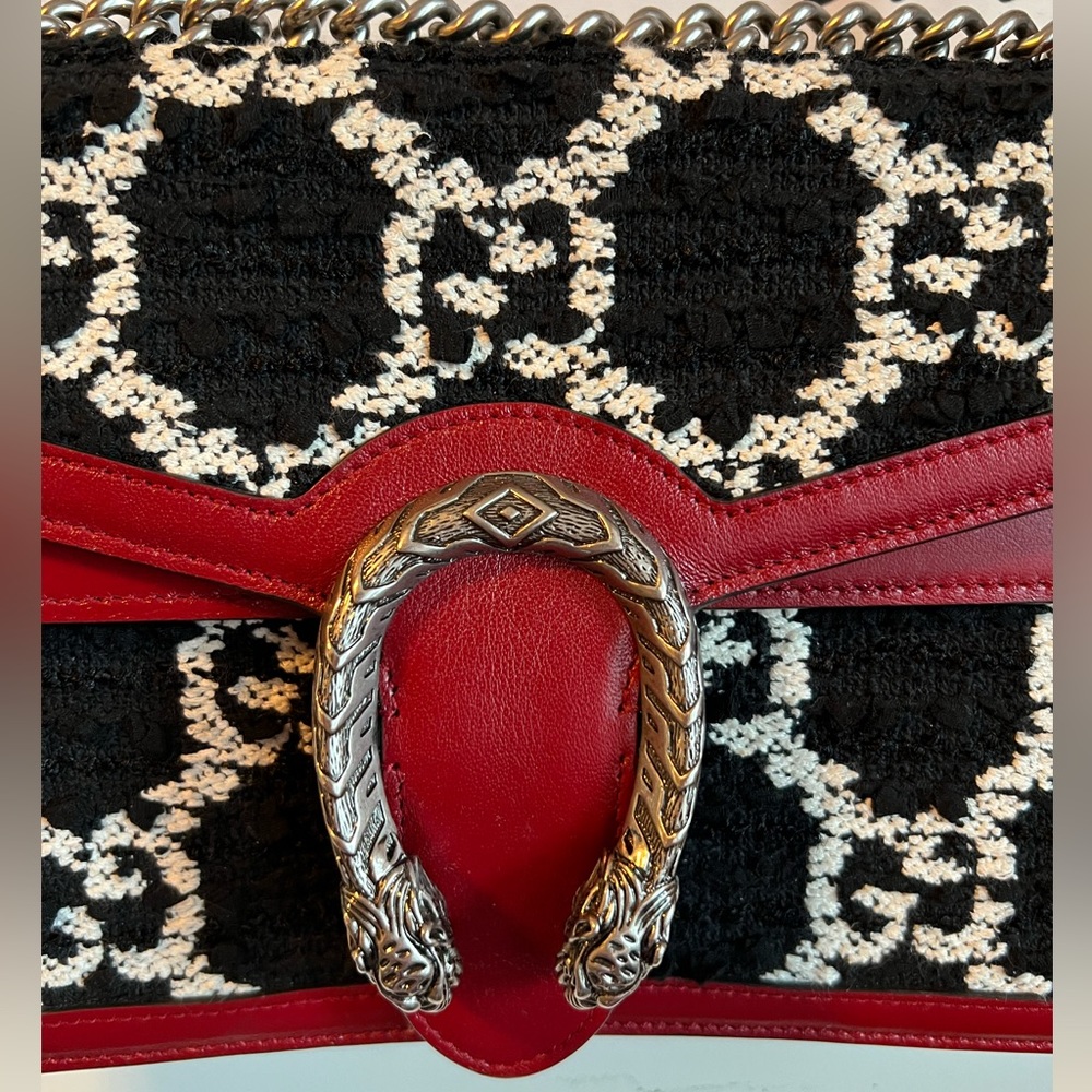 GUCCI Dionysus GG Black White Tweed Red Leather Bag Purse Limited Edition 11 x 7 - Picture 14 of 16